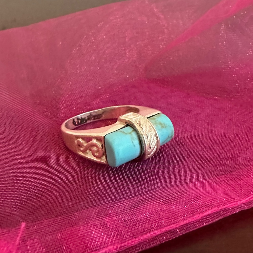 Southwestern Sterling Silver and Turquoise Filigree Ring in Size 8.75